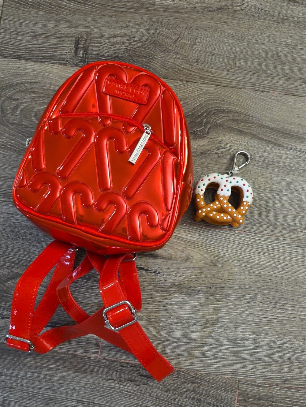 Bath & Body Works Red Candy Cane Mini Backpack And Pretzel Sanitizer Holder